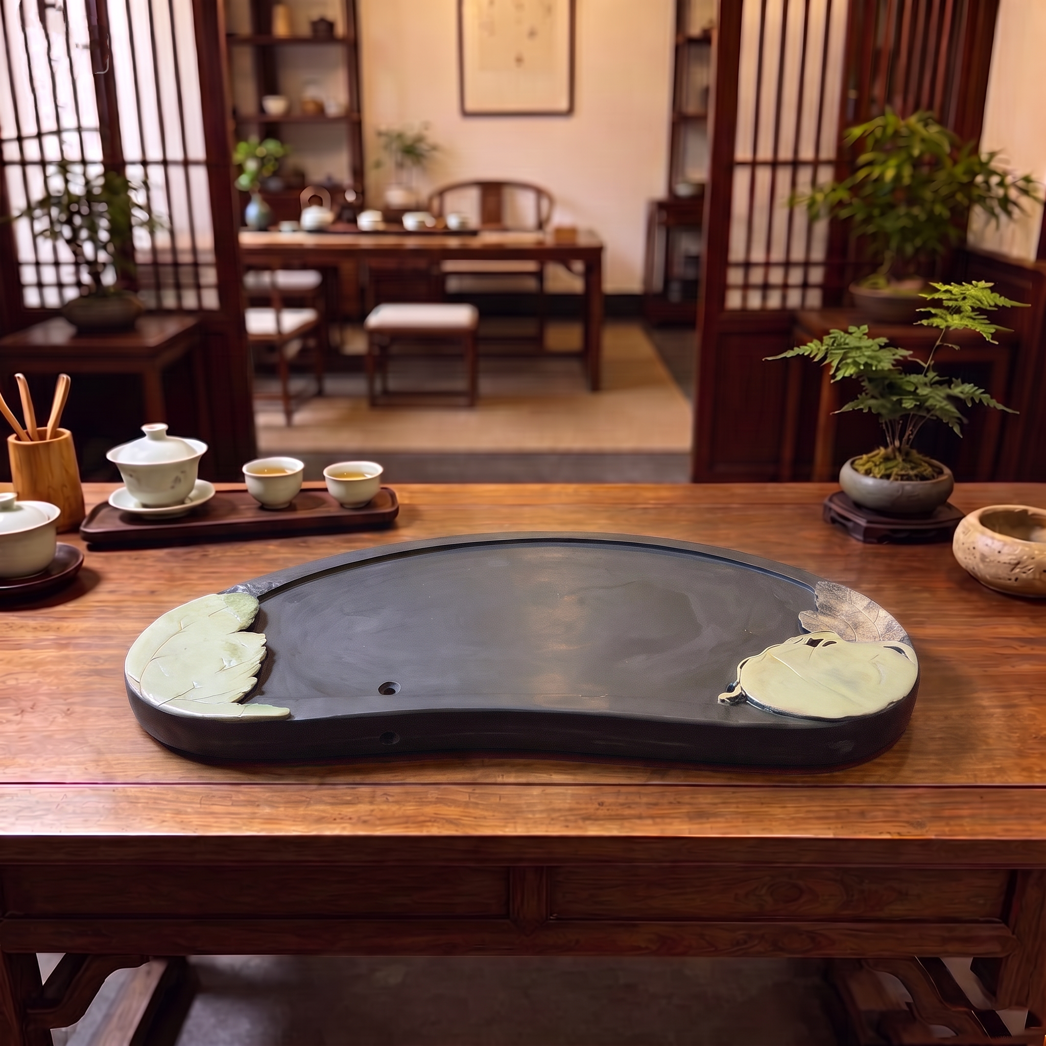 石雕荷花茶盘干泡紫袍玉手工雕刻茶盘茶海收藏工艺品