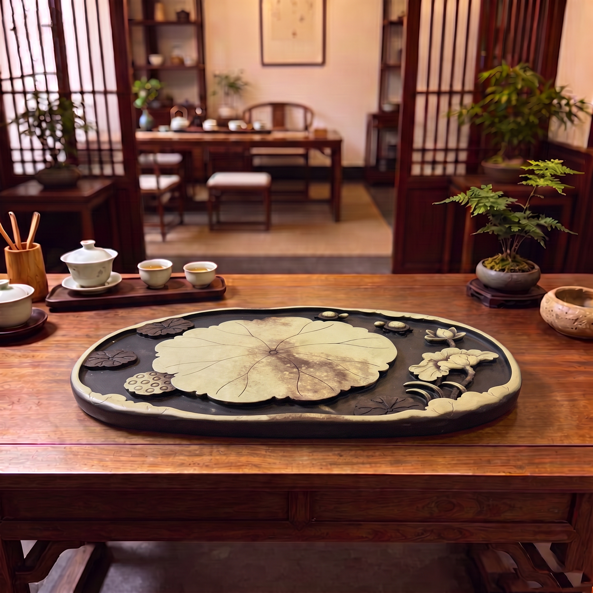 石雕荷花茶盘干泡紫袍玉手工雕刻茶盘茶海收藏工艺品