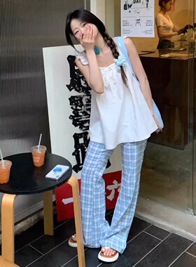 高腰撞色格子微喇裤女夏季韩版网红修身显瘦喇叭裤小个子休闲长裤