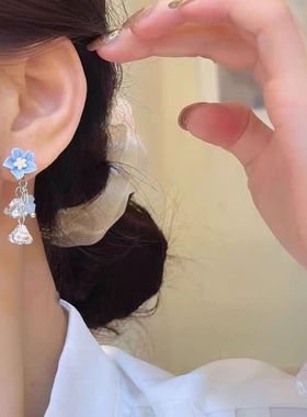 小清新森系蓝色花朵水晶流苏耳环女超仙小众设计感甜美百搭耳饰潮