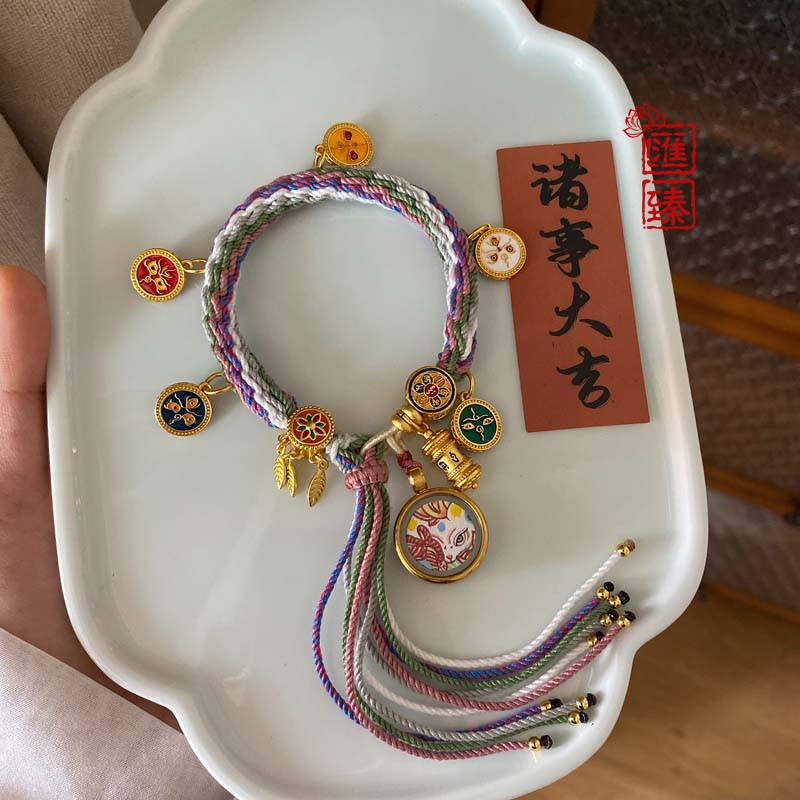 手绘凤九小狐狸唐卡五路财神粉紫唐卡