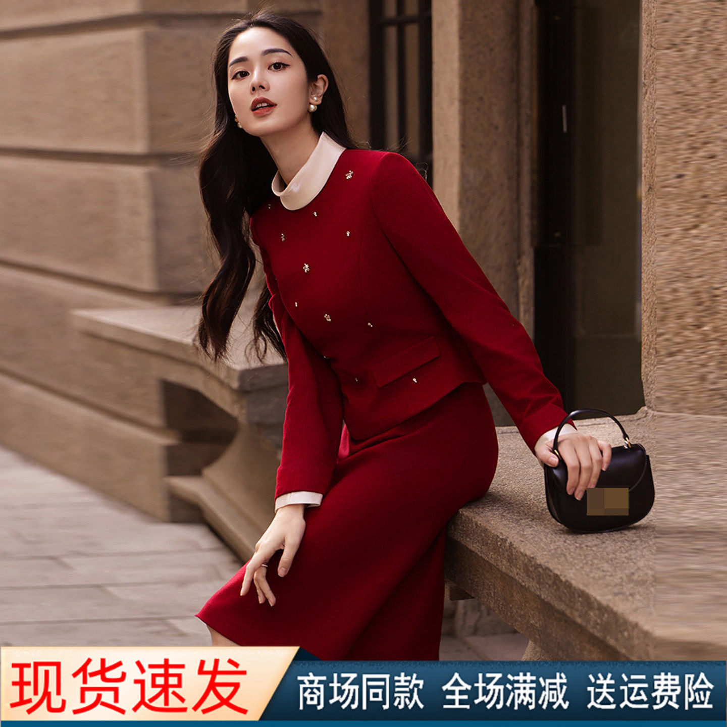 春冬季圆领假两件毛呢子连衣裙女