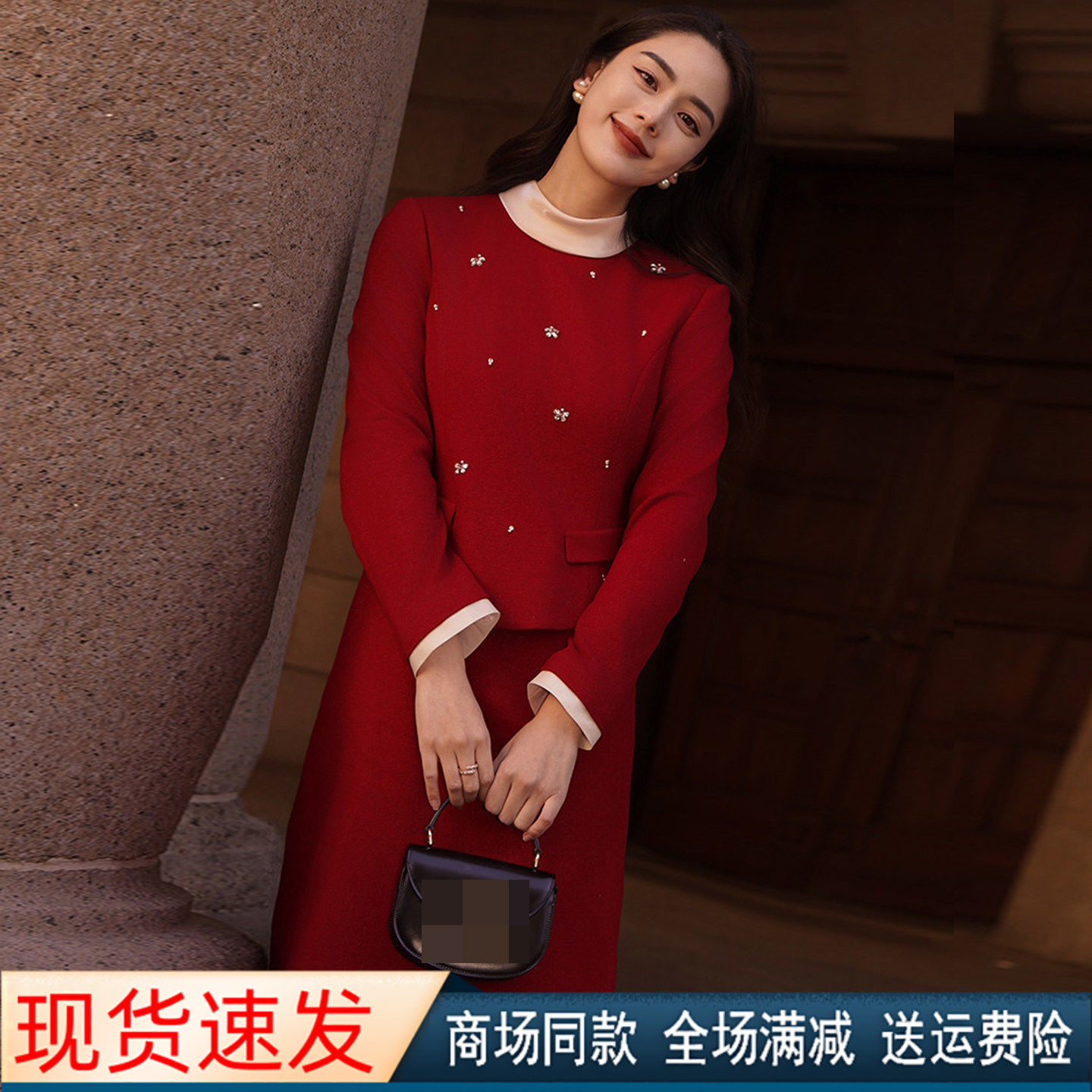 珂莱商场同款2026春冬季新款圆领假两件收腰显瘦毛呢子连衣裙子女