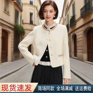 珂莱商场同款2025秋冬季新款圆领长袖小香风中厚羊毛呢短款外套女