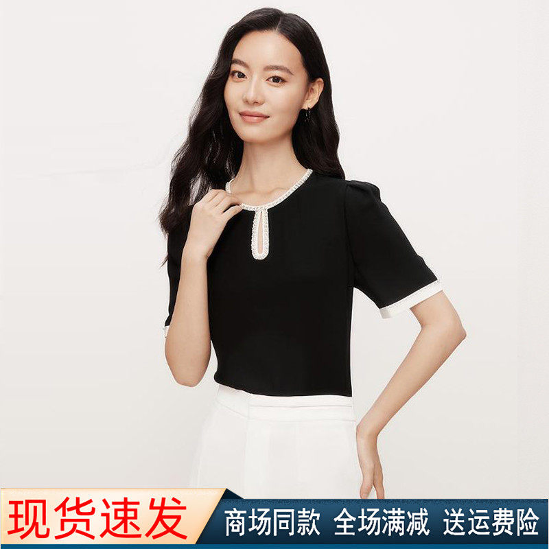 夏季黑色圆领短袖套头衬衫上衣
