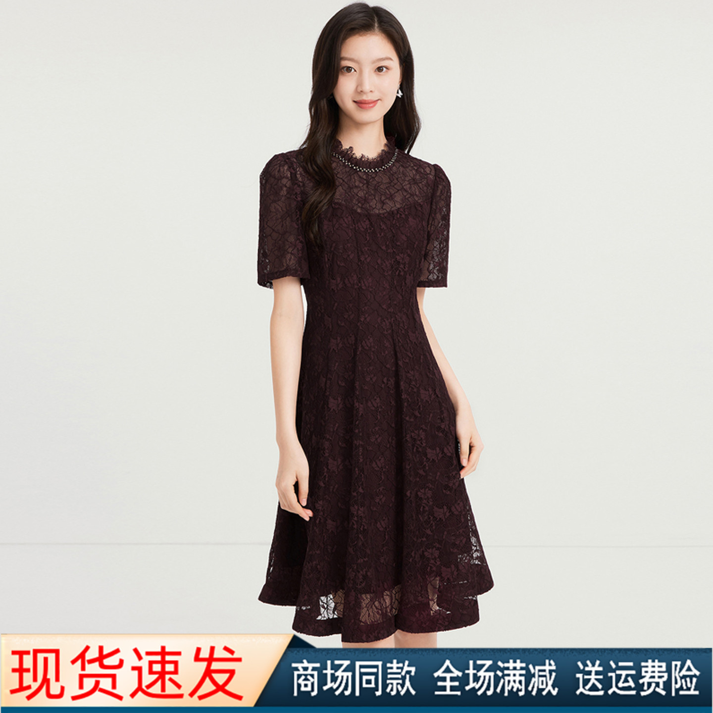 夏季新款短袖蕾丝中长款连衣裙子