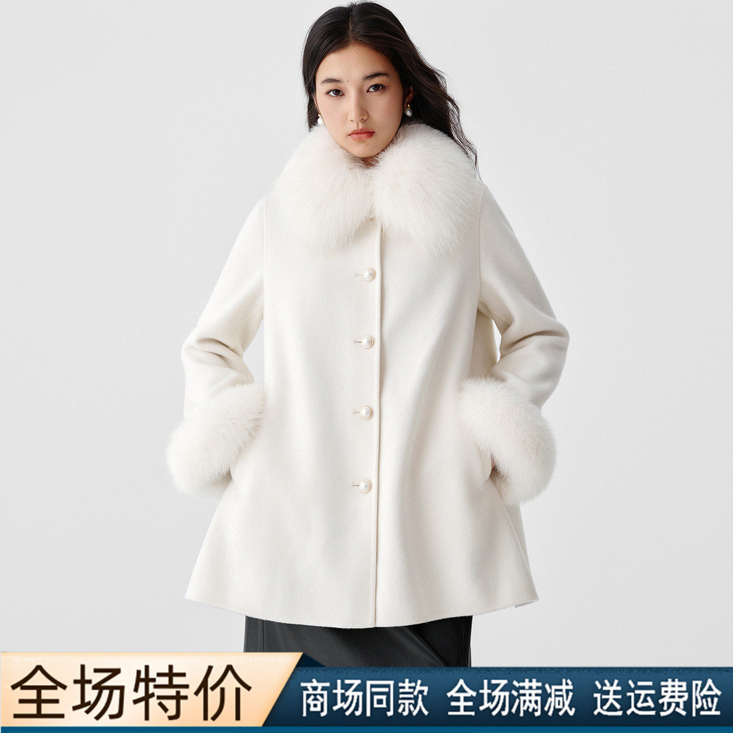 冬季新款宽松白色毛呢大衣外套女