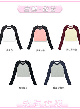 短款拼色插肩修身女款打底T恤衫长袖logo定制印花diy文化衫服装