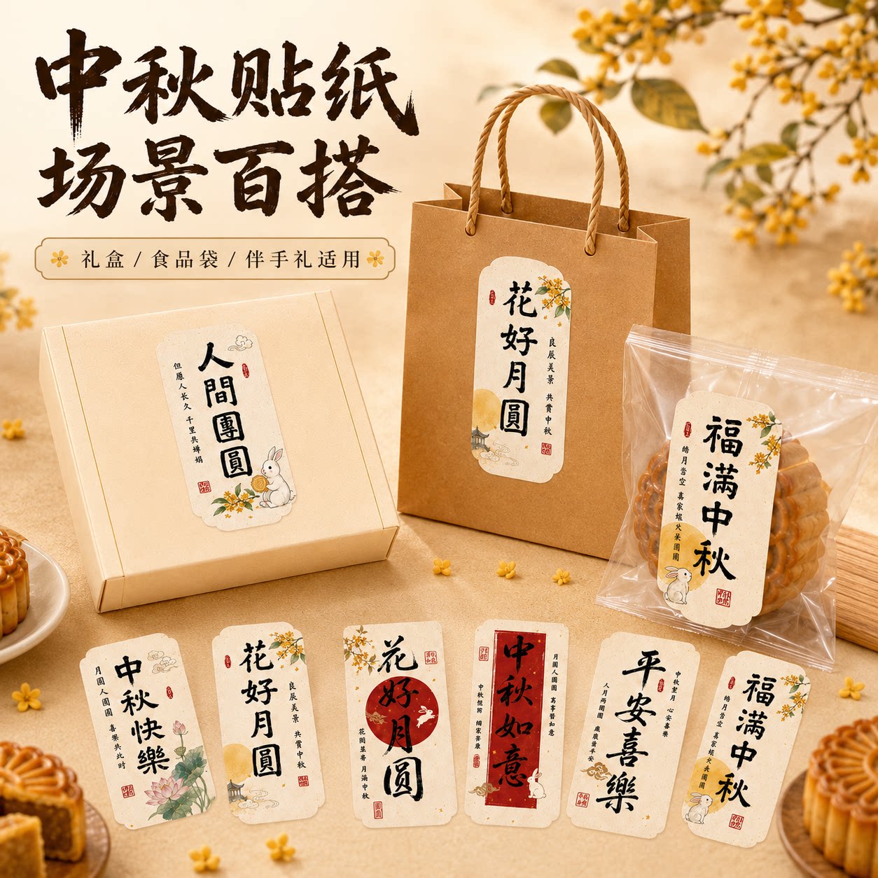 中秋花好月圆封口贴纸可定制