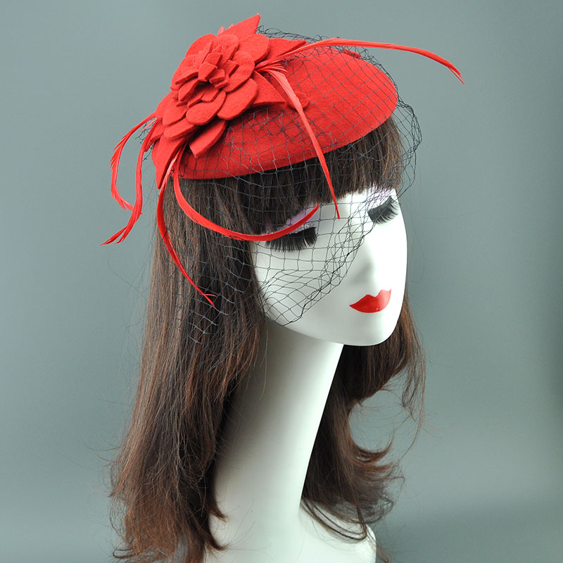 法式高级优雅复古网纱贝雷羊毛呢小礼帽婚纱宴会红色新娘头饰头纱
