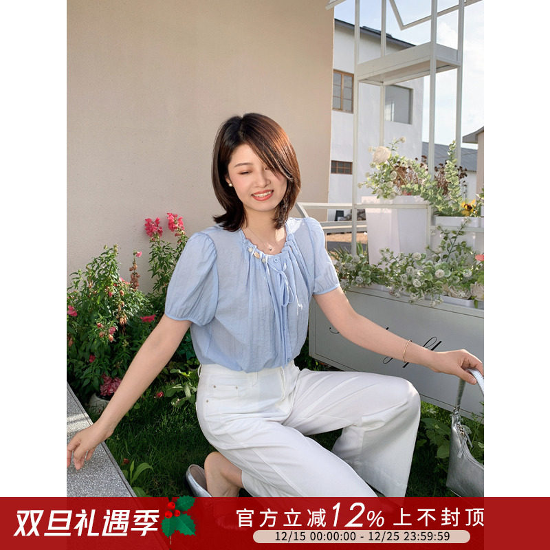 度假风串珠系带圆领设计感衬衫