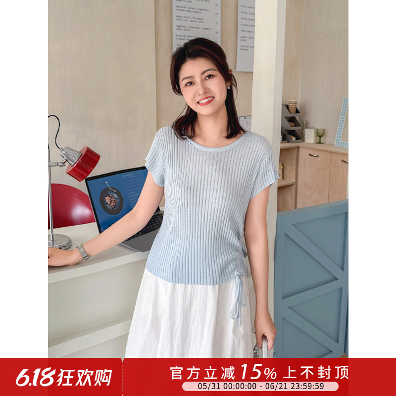 紫璐莱凉凉夏衣~韩系气质竖坑条抽绳莱赛尔亚麻短袖针织上衣女34X