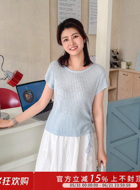 紫璐莱凉凉夏衣~韩系气质竖坑条抽绳莱赛尔亚麻短袖针织上衣女34X
