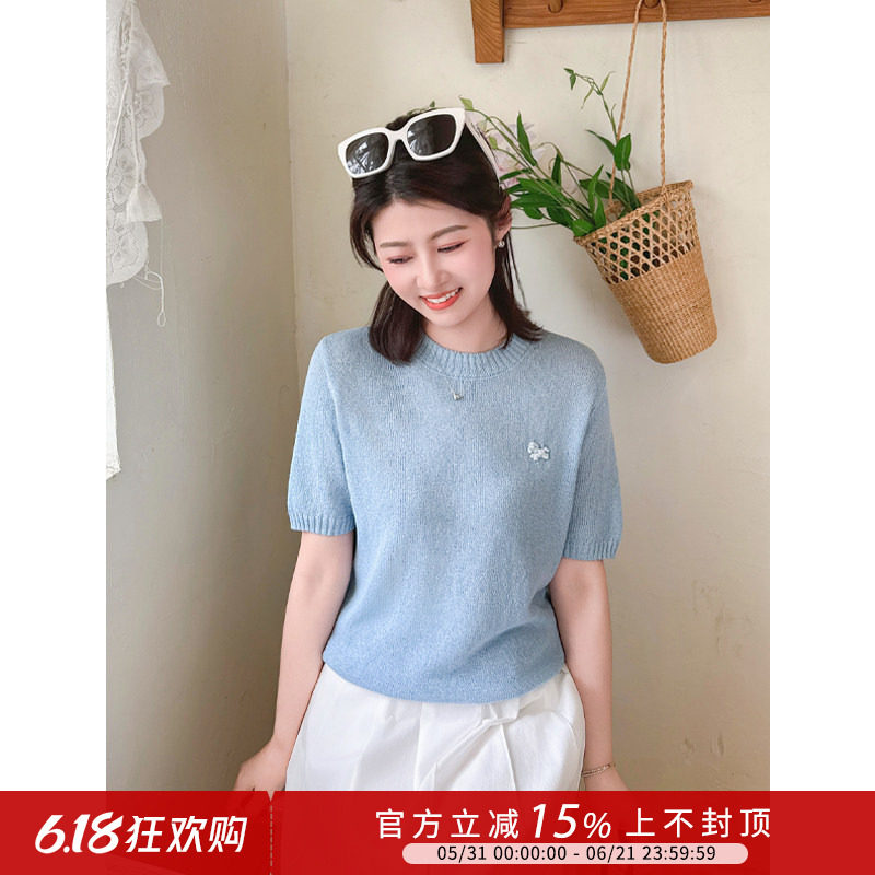 紫璐莱清和素影~夏日清爽感小马和纸纱显瘦圆领短袖针织衫上衣07X