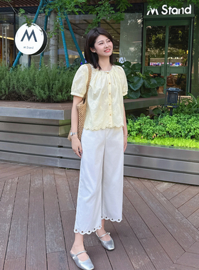 紫璐莱剪花~主打夏日松弛清凉感镂空刺绣花边松紧腰九分直筒裤87X