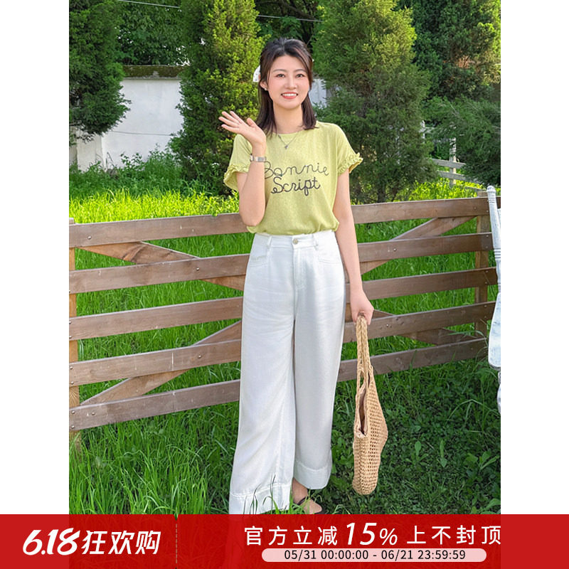 紫璐莱法蕾漫步~复古木耳边设计感字母刺绣凉感短袖T恤上衣女38X