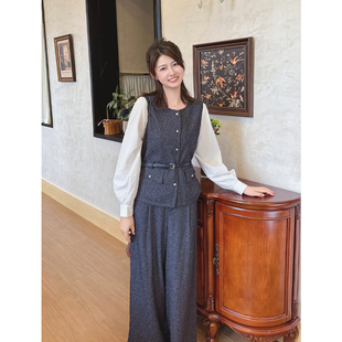 女60X 两件套装 紫璐莱藏蓝深邃 复古气质通勤风拼接收腰上衣阔腿裤