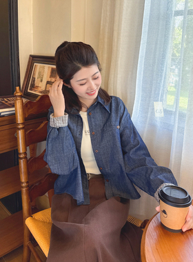 紫璐莱梦情日记~复古简约格子拼接袖口宽松休闲牛仔衬衫外套女44X