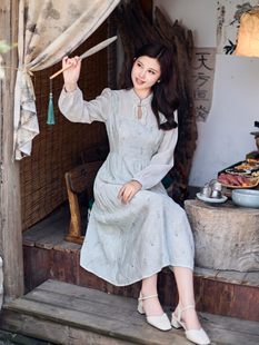 紫璐莱春烟扶柳 立领印花改良日常旗袍裙轻国风连衣裙女79X 新中式