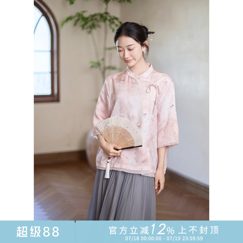 紫璐莱新中式国风缎面七分袖衬衫