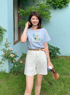 紫璐莱夏日里的画笔~蓝色油画滑爽T恤女休闲百搭显瘦短袖上衣T519