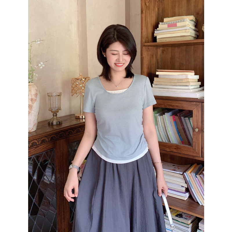 假两件褶皱收腰短袖T恤