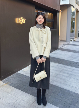 紫璐莱雾岛诗~韩式减龄小个子蝴蝶结系带羊毛双面呢短款大衣女37X