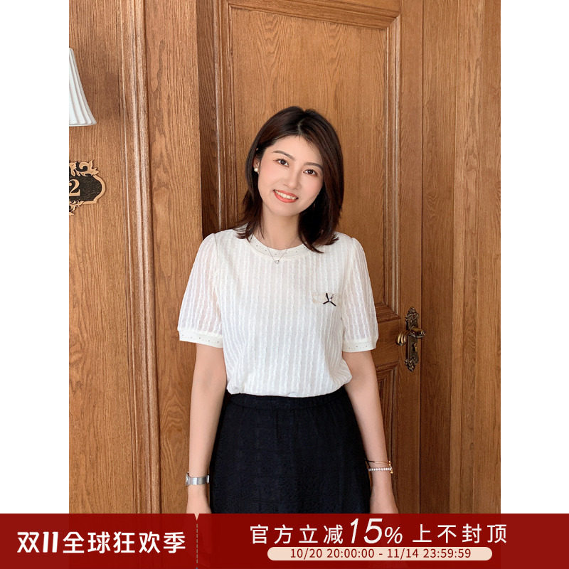 紫璐莱诗笺~法式气质设计感蕾丝镂空圆领短袖针织T恤上衣女夏906X