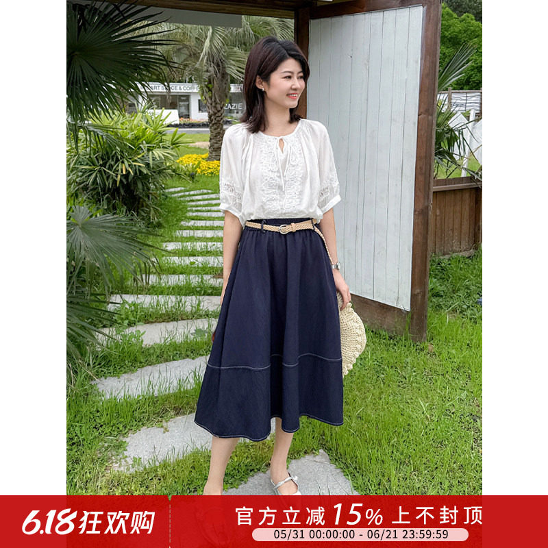紫璐莱蓝屿~复古高腰气质通勤藏蓝色拼接A字显瘦百搭半身裙女89X