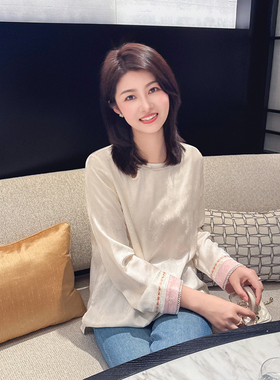 紫璐莱小福禄~新中式国风缎面提花袖口拼色白色长袖衬衫上衣女23X
