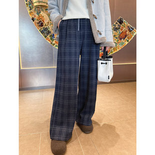 紫璐莱格纹礼赞 女45X 复古休闲慵懒风撞色格子抽绳松紧加厚阔腿裤