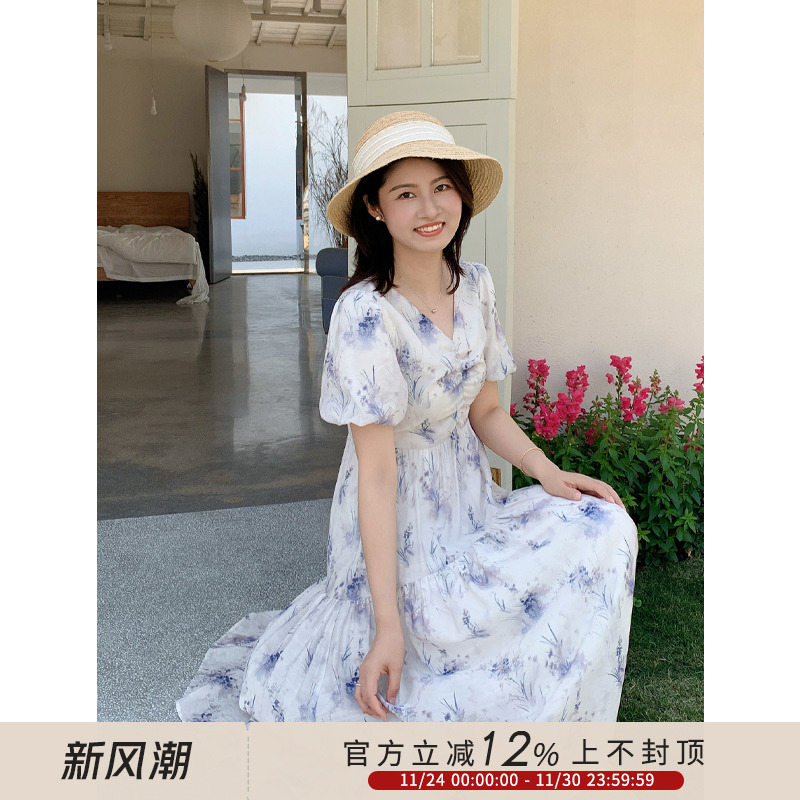 泡泡袖雪纺碎花收腰长款连衣裙