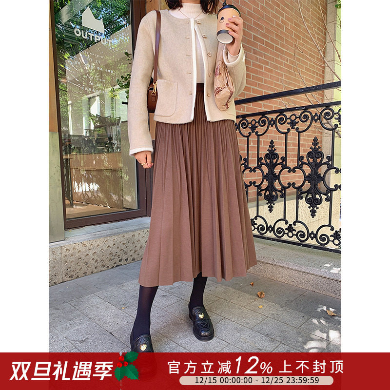 紫璐莱长裙松紧腰A字绒面百褶裙