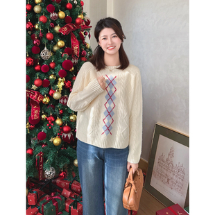 紫璐莱定格时光 上衣女冬69X 韩系复古慵懒风菱格麻花荃羊毛针织衫