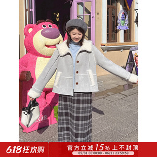 紫璐莱冬暖绵绵~复古风皮毛一体仿羊羔拼接麂皮绒连帽短外套女11X