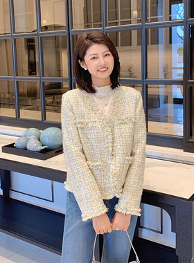 紫璐莱瑰丽之春~重工亮片编织羊毛V领小香风流苏粗花呢短外套52X