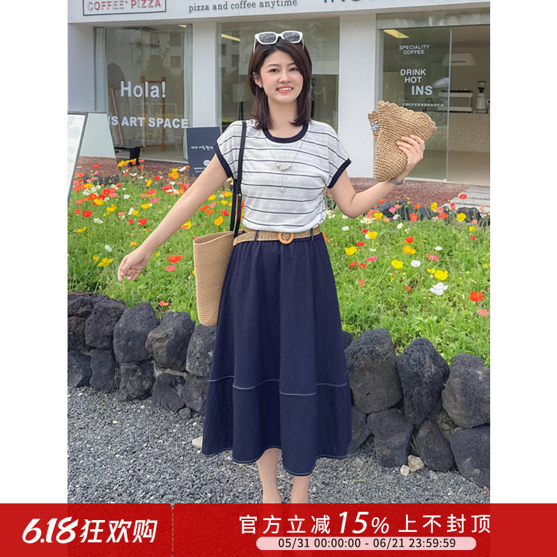 紫璐莱浅夏悠然~韩系休闲条纹短袖T恤松紧腰半身裙两件套装女80X
