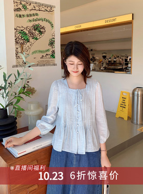 【10.23 6折福利款】法式系带方领风琴褶设计七分袖娃娃衬衫上衣