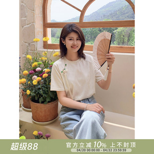 紫璐莱微光萤火~新中式国风缎面提花盘扣三色圆领T恤短袖上衣531X