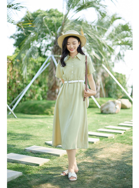 紫璐莱夏日凉凉~气质通勤中长款腰带收腰2色天丝衬衫式连衣裙637X