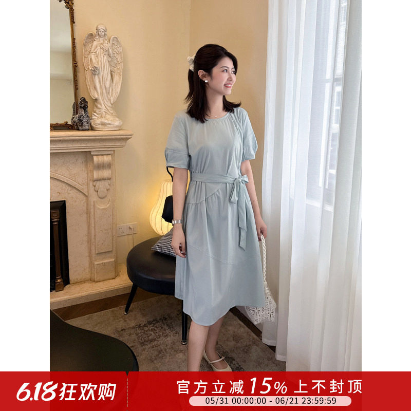 紫璐莱清风浅雅~简约气质小个子系带收腰显瘦莱赛尔连衣裙女夏09X