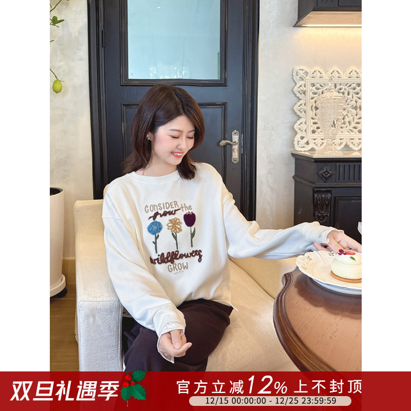 假两件拼接花朵糯米绒卫衣