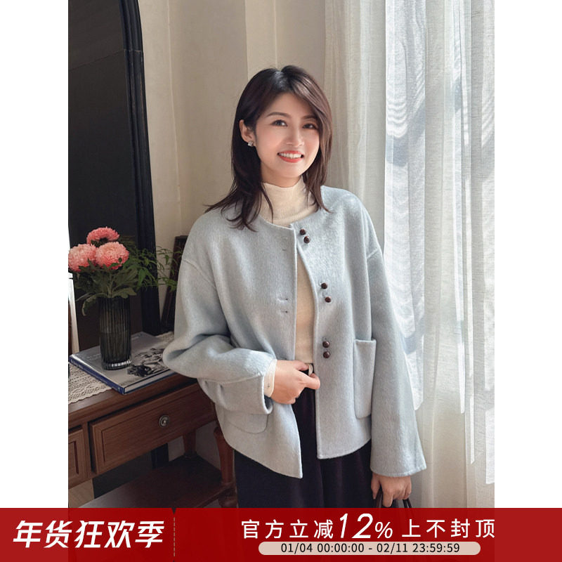 紫璐莱蘑菇舞曲~韩系宽松蘑菇扣设计羊毛双面呢大衣女短款外套87X