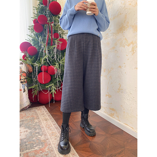 【12.9 6折福利款】韩系复古灰蓝色格子羊毛呢子阔腿八分裤女冬