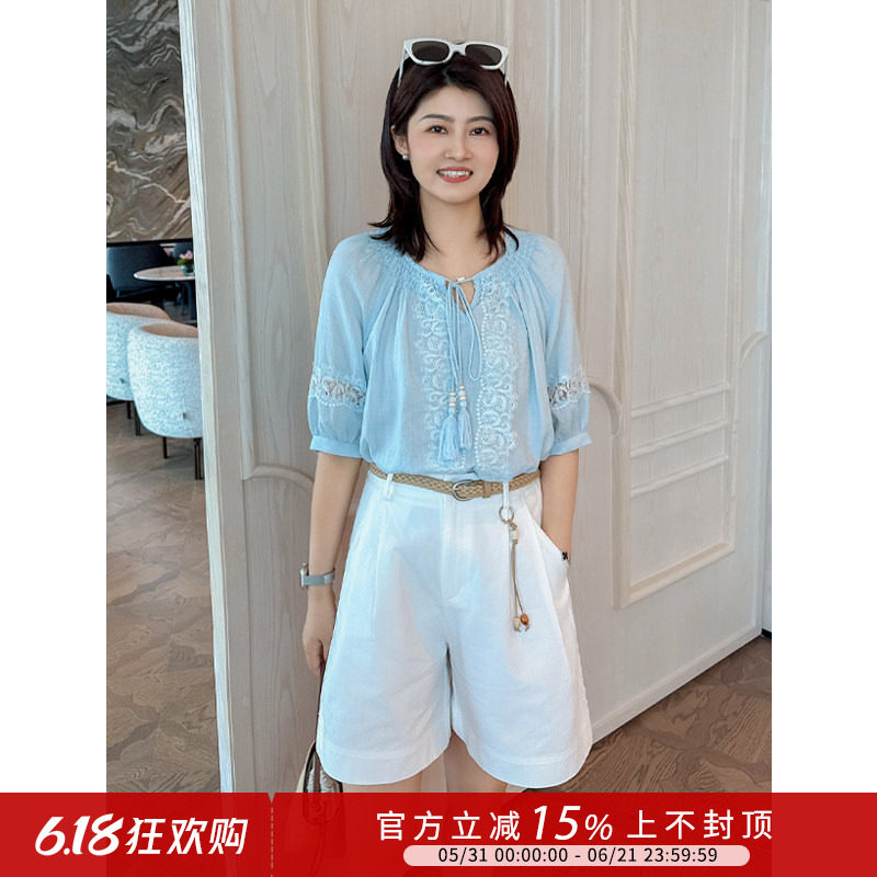 紫璐莱漫夏时光~法式温柔风刺绣镂空蕾丝系带灯笼袖衬衫上衣女79X