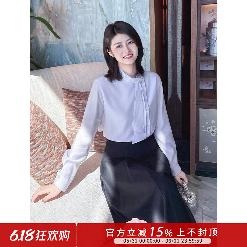 紫璐莱春雾柔纱~法式设计感飘带领气质通勤雪纺长袖衬衫上衣女58X