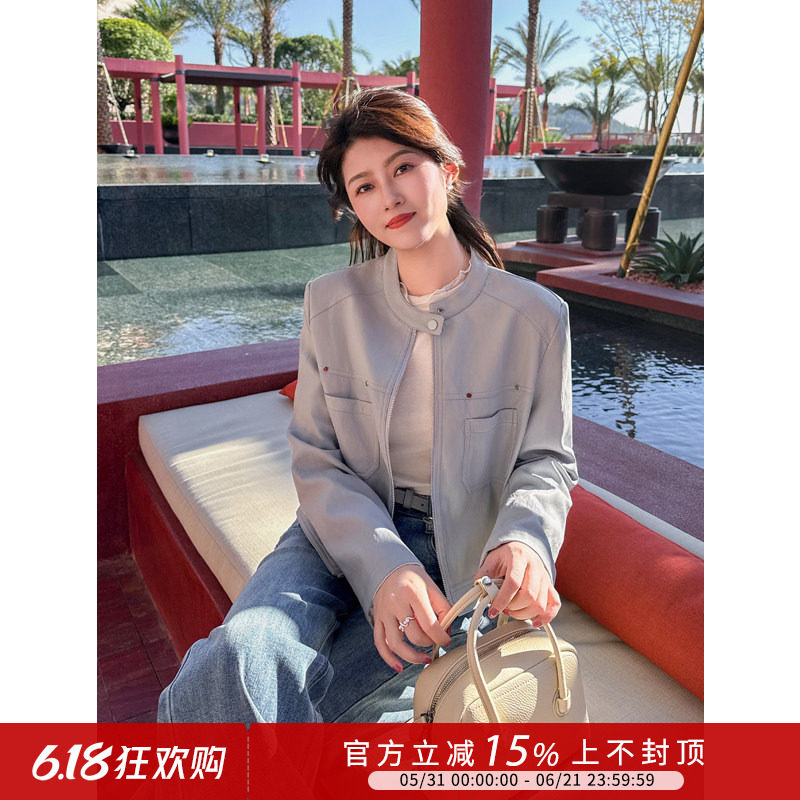 紫璐莱机车软妹~气质甜酷风百搭立领经典机车夹克pu皮短外套女47X
