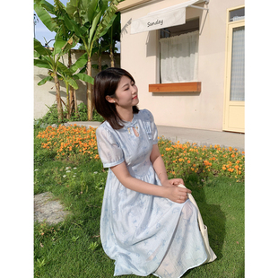 紫璐莱蝶舞流光 蝴蝶印花国风盘扣改良旗袍连衣裙女49X 蓝色新中式