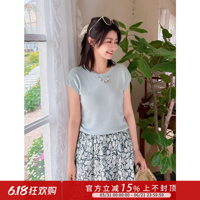 紫璐莱清氧知夏~通勤气质设计感小众挂件收腰针织盖肩袖T恤上衣1X