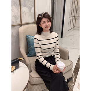 上衣女23X 内搭打底衫 紫璐莱黑白温度 条纹半高领百搭显瘦气质修身